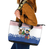 Netherlands Christmas Leather Tote Bag with Christmas Tree Windmill Piet Character and Tulip Pattern - Wonder Print Shop
