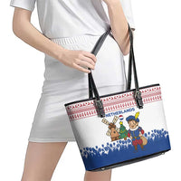 Netherlands Christmas Leather Tote Bag with Christmas Tree Windmill Piet Character and Tulip Pattern - Wonder Print Shop