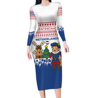 Netherlands Christmas Long Sleeve Bodycon Dress with Christmas Tree Windmill Piet Character and Tulip Pattern - Wonder Print Shop