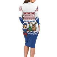 Netherlands Christmas Long Sleeve Bodycon Dress with Christmas Tree Windmill Piet Character and Tulip Pattern - Wonder Print Shop