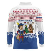 Netherlands Christmas Long Sleeve Polo Shirt with Christmas Tree Windmill Piet Character and Tulip Pattern - Wonder Print Shop