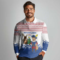 Netherlands Christmas Long Sleeve Polo Shirt with Christmas Tree Windmill Piet Character and Tulip Pattern - Wonder Print Shop