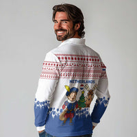 Netherlands Christmas Long Sleeve Polo Shirt with Christmas Tree Windmill Piet Character and Tulip Pattern - Wonder Print Shop
