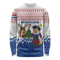 Netherlands Christmas Long Sleeve Shirt with Christmas Tree Windmill Piet Character and Tulip Pattern - Wonder Print Shop