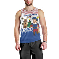 Netherlands Christmas Men Tank Top with Christmas Tree Windmill Piet Character and Tulip Pattern - Wonder Print Shop