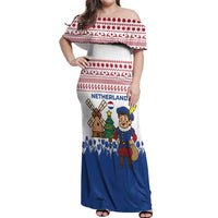 Netherlands Christmas Off Shoulder Maxi Dress with Christmas Tree Windmill Piet Character and Tulip Pattern - Wonder Print Shop