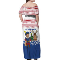 Netherlands Christmas Off Shoulder Maxi Dress with Christmas Tree Windmill Piet Character and Tulip Pattern - Wonder Print Shop