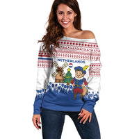 Netherlands Christmas Off Shoulder Sweater with Christmas Tree Windmill Piet Character and Tulip Pattern - Wonder Print Shop