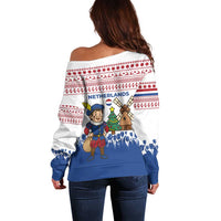 Netherlands Christmas Off Shoulder Sweater with Christmas Tree Windmill Piet Character and Tulip Pattern - Wonder Print Shop