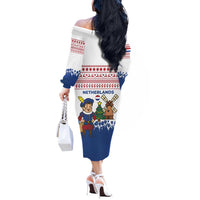 Netherlands Christmas Off The Shoulder Long Sleeve Dress with Christmas Tree Windmill Piet Character and Tulip Pattern - Wonder Print Shop