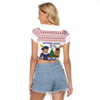 Netherlands Christmas Raglan Cropped T Shirt with Christmas Tree Windmill Piet Character and Tulip Pattern - Wonder Print Shop