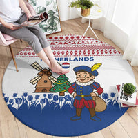 Netherlands Christmas Round Carpet with Christmas Tree Windmill Piet Character and Tulip Pattern - Wonder Print Shop