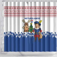 Netherlands Christmas Shower Curtain with Christmas Tree Windmill Piet Character and Tulip Pattern - Wonder Print Shop