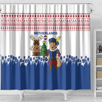 Netherlands Christmas Shower Curtain with Christmas Tree Windmill Piet Character and Tulip Pattern - Wonder Print Shop