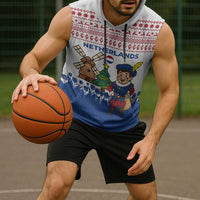 Netherlands Christmas Sleeveless Hoodie with Christmas Tree Windmill Piet Character and Tulip Pattern - Wonder Print Shop