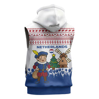Netherlands Christmas Sleeveless Zip Hoodie with Christmas Tree Windmill Piet Character and Tulip Pattern - Wonder Print Shop