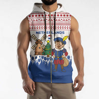 Netherlands Christmas Sleeveless Zip Hoodie with Christmas Tree Windmill Piet Character and Tulip Pattern - Wonder Print Shop
