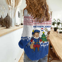 Netherlands Christmas Women Casual Shirt with Christmas Tree Windmill Piet Character and Tulip Pattern - Wonder Print Shop