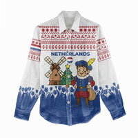 Netherlands Christmas Women Casual Shirt with Christmas Tree Windmill Piet Character and Tulip Pattern - Wonder Print Shop