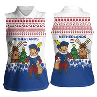 Netherlands Christmas Women Sleeveless Polo Shirt with Christmas Tree Windmill Piet Character and Tulip Pattern - Wonder Print Shop