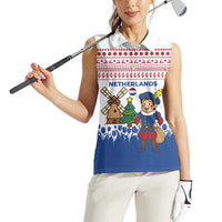 Netherlands Christmas Women Sleeveless Polo Shirt with Christmas Tree Windmill Piet Character and Tulip Pattern - Wonder Print Shop