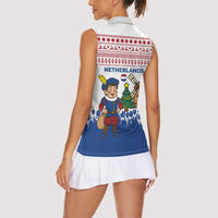Netherlands Christmas Women Sleeveless Polo Shirt with Christmas Tree Windmill Piet Character and Tulip Pattern - Wonder Print Shop
