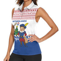 Netherlands Christmas Women Sleeveless Polo Shirt with Christmas Tree Windmill Piet Character and Tulip Pattern - Wonder Print Shop