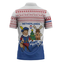 Netherlands Christmas Zipper Polo Shirt with Christmas Tree Windmill Piet Character and Tulip Pattern - Wonder Print Shop
