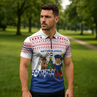 Netherlands Christmas Zipper Polo Shirt with Christmas Tree Windmill Piet Character and Tulip Pattern - Wonder Print Shop