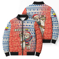 Ecuador Christmas Bomber Puffer Jacket with Santa Riding Llama Traditional Patterns and Rose Design - Wonder Print Shop