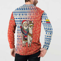 Ecuador Christmas Button Sweatshirt with Santa Riding Llama Traditional Patterns and Rose Design - Wonder Print Shop