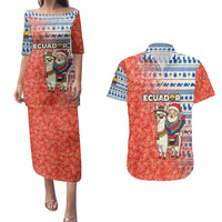 Ecuador Christmas Couples Matching Puletasi and Hawaiian Shirt with Santa Riding Llama Traditional Patterns and Rose Design - Wonder Print Shop