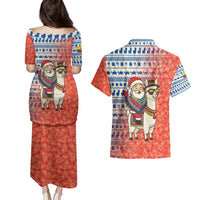 Ecuador Christmas Couples Matching Puletasi and Hawaiian Shirt with Santa Riding Llama Traditional Patterns and Rose Design - Wonder Print Shop