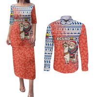 Ecuador Christmas Couples Matching Puletasi and Long Sleeve Button Shirt with Santa Riding Llama Traditional Patterns and Rose Design - Wonder Print Shop