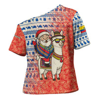 Ecuador Christmas Cross Shoulder Shirt with Santa Riding Llama Traditional Patterns and Rose Design - Wonder Print Shop