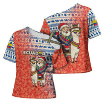Ecuador Christmas Cross Shoulder Shirt with Santa Riding Llama Traditional Patterns and Rose Design - Wonder Print Shop