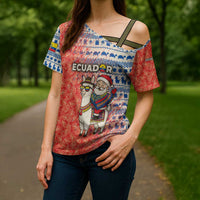 Ecuador Christmas Cross Shoulder Shirt with Santa Riding Llama Traditional Patterns and Rose Design - Wonder Print Shop