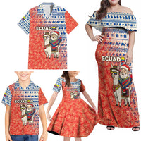 Ecuador Christmas Family Matching Off Shoulder Maxi Dress and Hawaiian Shirt with Santa Riding Llama Traditional Patterns and Rose Design - Wonder Print Shop