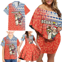 Ecuador Christmas Family Matching Off Shoulder Short Dress and Hawaiian Shirt with Santa Riding Llama Traditional Patterns and Rose Design - Wonder Print Shop