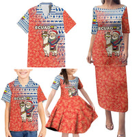 Ecuador Christmas Family Matching Puletasi and Hawaiian Shirt with Santa Riding Llama Traditional Patterns and Rose Design - Wonder Print Shop