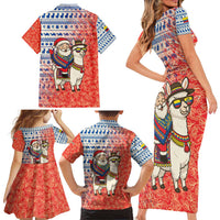 Ecuador Christmas Family Matching Short Sleeve Bodycon Dress and Hawaiian Shirt with Santa Riding Llama Traditional Patterns and Rose Design - Wonder Print Shop