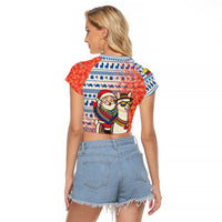 Ecuador Christmas Raglan Cropped T Shirt with Santa Riding Llama Traditional Patterns and Rose Design - Wonder Print Shop