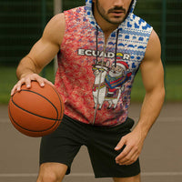 Ecuador Christmas Sleeveless Zip Hoodie with Santa Riding Llama Traditional Patterns and Rose Design - Wonder Print Shop