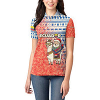 Ecuador Christmas Women Polo Shirt with Santa Riding Llama Traditional Patterns and Rose Design - Wonder Print Shop