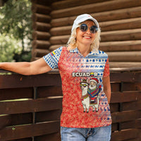 Ecuador Christmas Women Polo Shirt with Santa Riding Llama Traditional Patterns and Rose Design - Wonder Print Shop