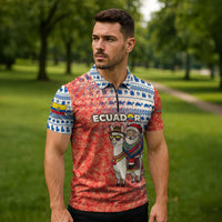 Ecuador Christmas Zipper Polo Shirt with Santa Riding Llama Traditional Patterns and Rose Design - Wonder Print Shop