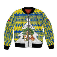 Ecuador Christmas Bomber Jacket with Ceibo Tree Llama Toucan and Traditional Yellow Blue Pattern Design - Wonder Print Shop