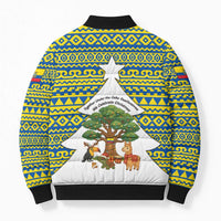Ecuador Christmas Bomber Puffer Jacket with Ceibo Tree Llama Toucan and Traditional Yellow Blue Pattern Design - Wonder Print Shop