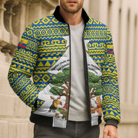 Ecuador Christmas Bomber Puffer Jacket with Ceibo Tree Llama Toucan and Traditional Yellow Blue Pattern Design - Wonder Print Shop