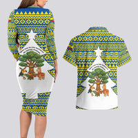 Ecuador Christmas Couples Matching Long Sleeve Bodycon Dress and Hawaiian Shirt with Ceibo Tree Llama Toucan and Traditional Yellow Blue Pattern Design - Wonder Print Shop